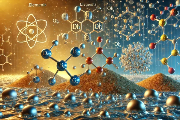 DALL·E 2025-03-16 21.48.33 - A digital illustration depicting Elements, Compounds, and Mixtures. The scene shows individual atoms (representing elements), molecules made of bonded